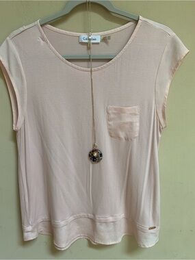 Calvin Klein Pale Pink Cap Sleeve Chest Pocket Stretch Top Sz M